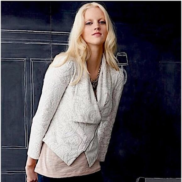Anthropologie Moth Jacket Women S Gust Lace Brocade Moto Knit Cropped Beige - Picture 1 of 8